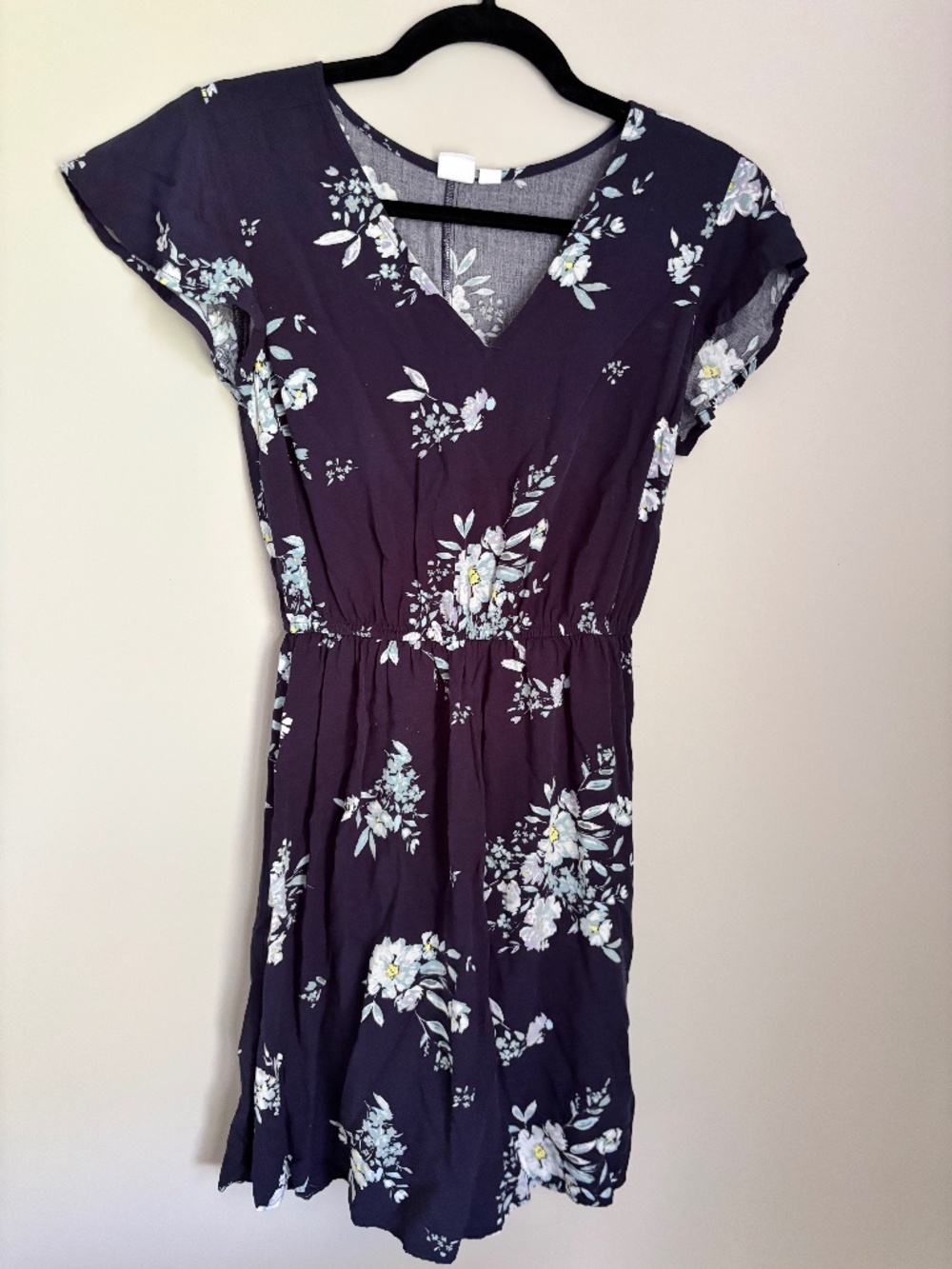 GAP Navy Blue Floral V-Neck Mini Dress Women's XS Short Sleeve Elastic Waist